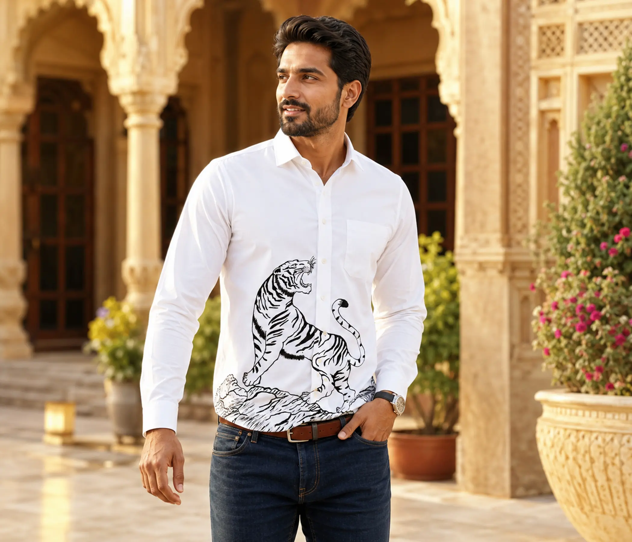 Royal Tiger Illustrated White Cotton Shirt - Premium Long Sleeve Mens Business Casual Button Shirt